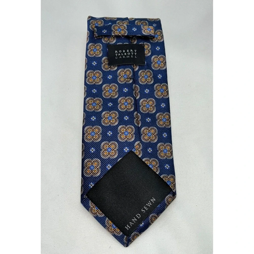 Robert Talbott Necktie Carmel Hand Sewn‎ Blue Geometric Floral Silk Tie